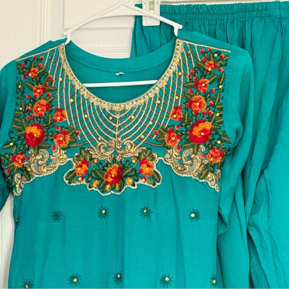 Embroidered Teal Kurta Set